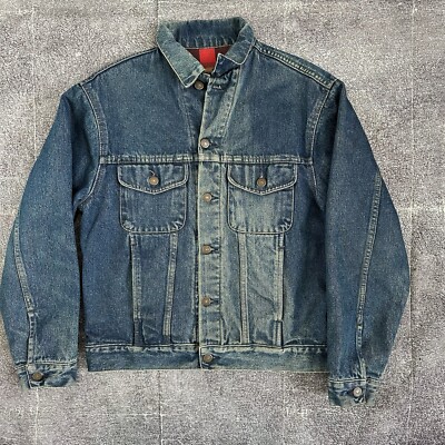 Men's Vintage 90s GAP USA Dark Blue Flannel Lined Trucker Denim Jean Jacket  Sz S - Main Image