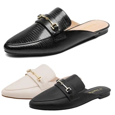 Women Flat Mules Buckle Pointed Toe Backless Slip on Slides Loafer Shoes