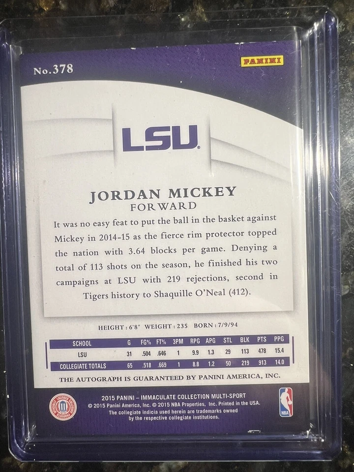 2015 Panini Immaculate Collegiate Numbers /99 Джордан Микки No378 дебютант с автографом RC - Изображение 2 из 2