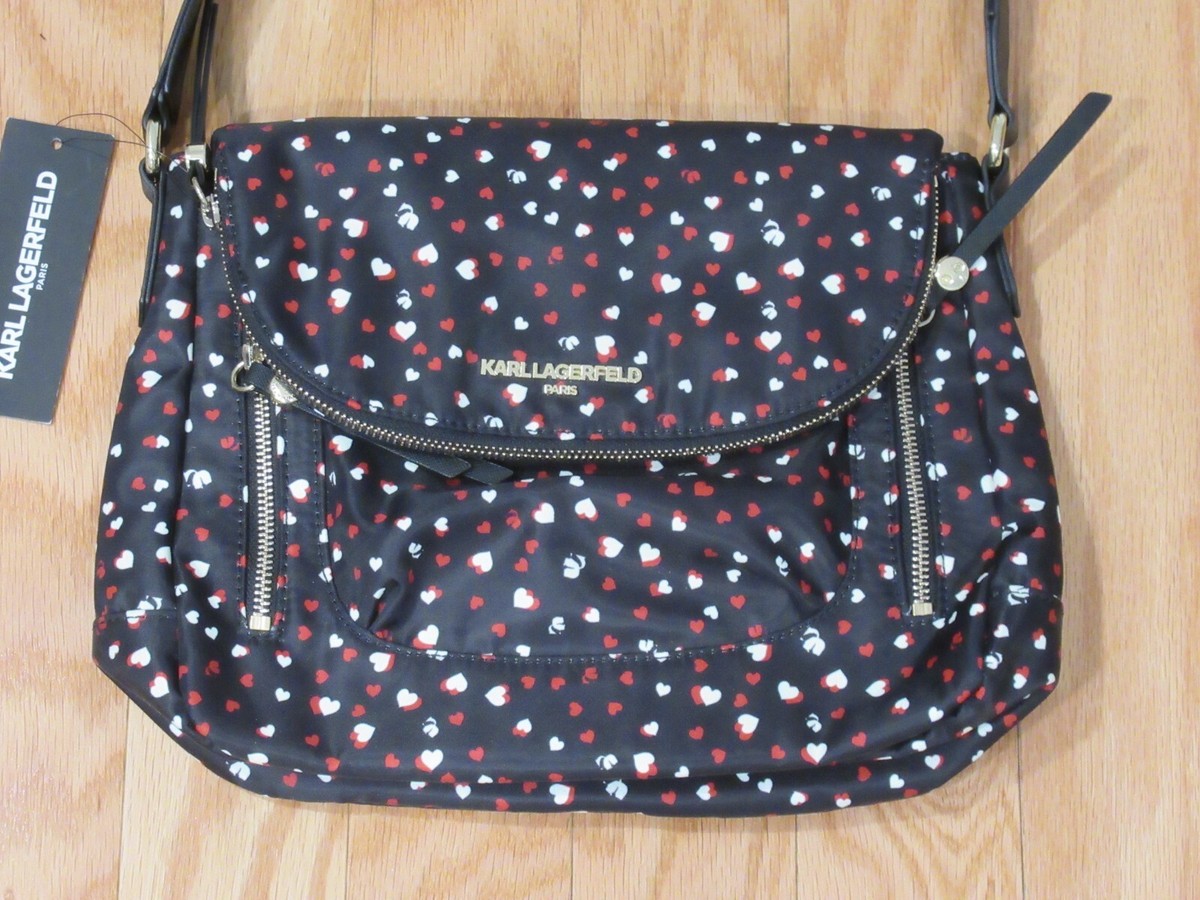 Karl Lagerfeld Cara Nylon Crossbody Messenger Bag Hearts Black