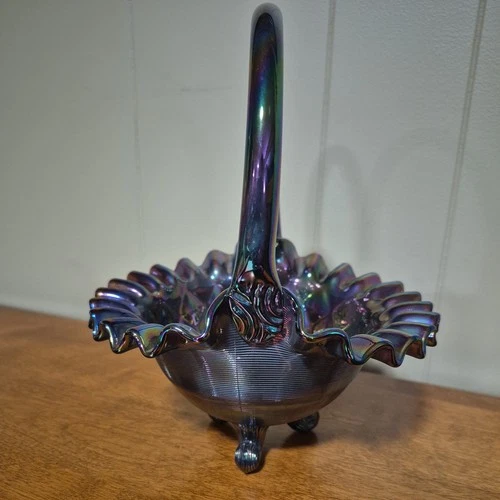 Fenton Amethyst Carnival Glass Quilted Diamond/ Threaded Design Footed Basket
