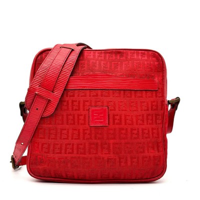FENDI Zucca Shoulder Bag, Canvas and Leather, Red, FF Logo, All-over Pattern