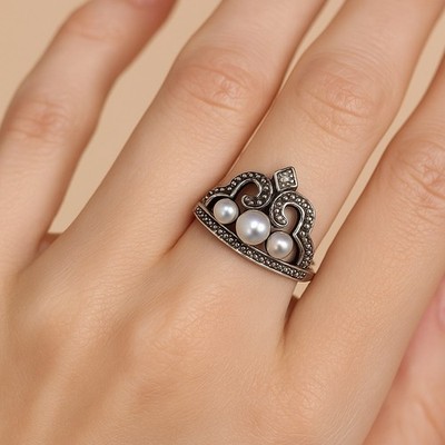 Ross-Simons Sterlingsilber weiße Perle & Diamant Akzente Krone Ring Größe 10