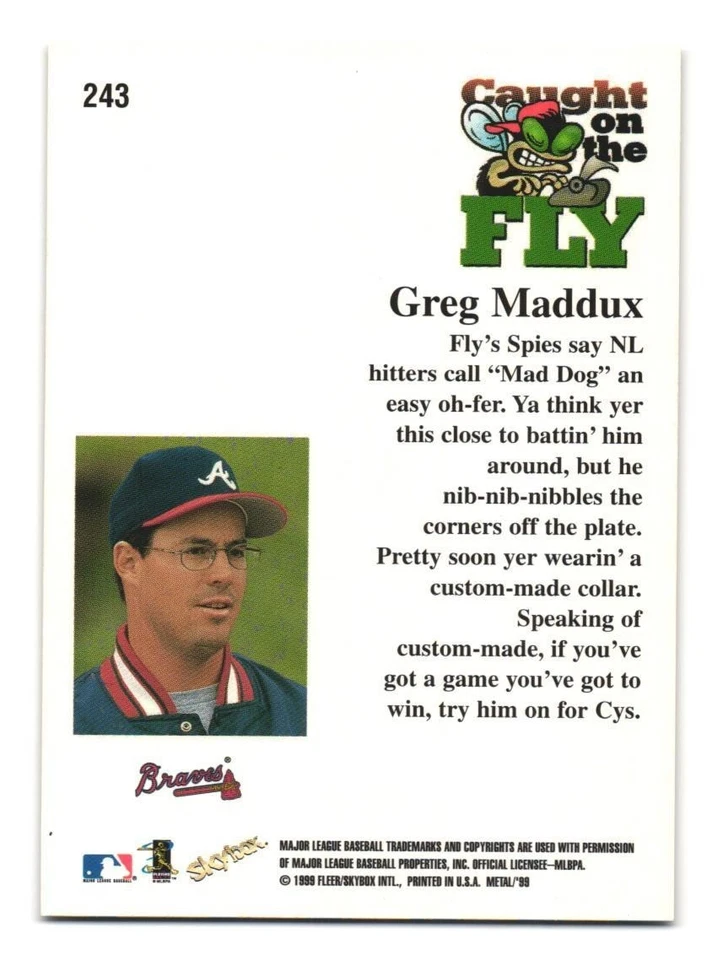 1999 Skybox Metal Universe - Caught on the Fly #243 Greg Maddux Atlanta Braves - Image 2 of 2