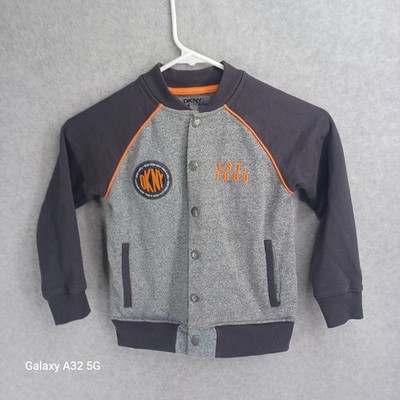 DKNY Sweatshirt Jacket Boys Size 5 Orange Gray Black Logo Snap Fleece Lined