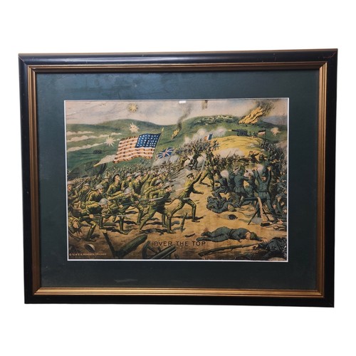 Antique 1918 EG Renesch World War 1 Over The Top Battle Chromolithograph Framed