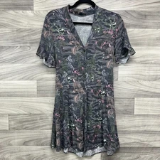 Allsaints Mini Dress Womens S Gray Floral Short Sleeve Button Front Tropical