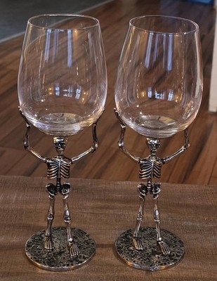 Pottery Barn Skeleton Stem Wine Glass Set of 2 Halloween Gothic New With Tags 