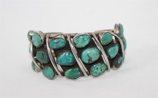 Southwestern Sterling Silver Turquoise Stones Cuff Bracelet 7"