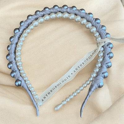 NWOT New Anthropologie 2 Piece Grey Satin/White Pearl Headband/Choker Necklace