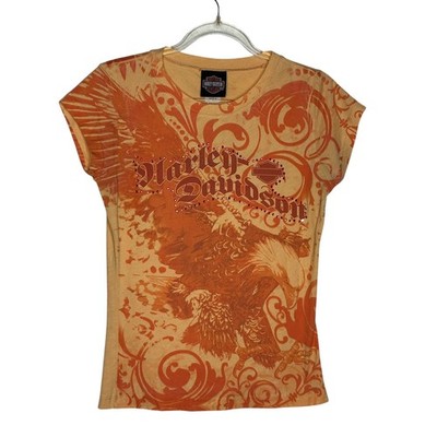 Harley Davidson Womens Small T Shirt Apricot Orange Eagle Rhinestone Biker Tee