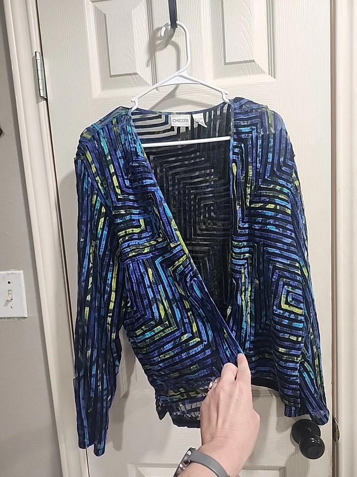 Chaqueta Blazer Funky Chico's Talla 2 Grande Azul Verde Malla Todas las Piezas Art-to-Wear Foto 3 de 4