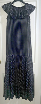 GORGEOUS Jaeger Darkest Navy & Cream Polka Dot Ruffle Silk Maxi Dress UK 6 New