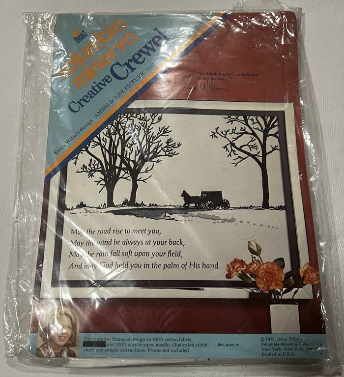 Vintage 1972 Columbia Minerva Crewel Embroidery Kit AMISH SCENE Silhouette