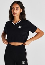 Image of SikSilk Womens Black Varsity V Neck Cropped Tee UK8 Extra Small