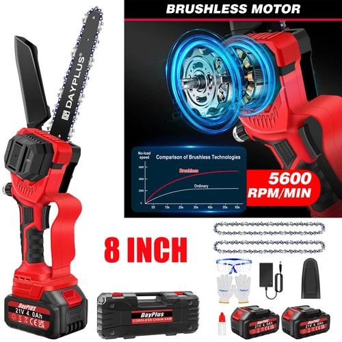 5000W 8'' Cordless Chainsaw Electric Brushless Saw Wood Cutter Battery 2x Chains