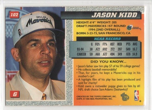 1995 Topps TMB JASON KIDD 94 Draft Pick Embossed Silver Foil card #102 - Picture 2 of 2
