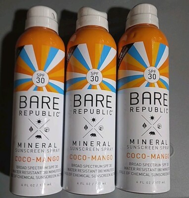 3 Pack  Bare Republic SPF 30 Coco Mango Scent Sunscreen Spray 6oz 