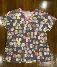 Women's Medical Scrubs Work Uniform Owl Pattern V Neck Size S Scrub HQ Gray