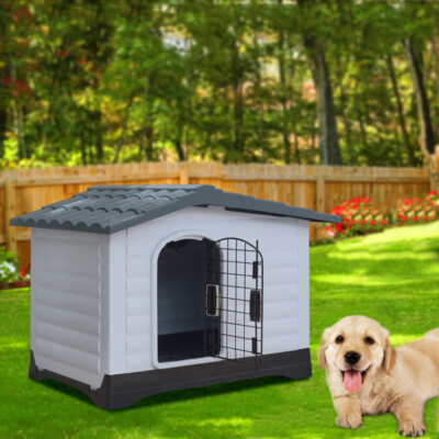 XL Pet House Plastic Dog Kennel In/Outdoor Animal Weatherproof Shelter Iron  Gate