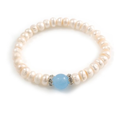 Flexarmband 7-8 mm weiße Süßwasserperlen mit blauen Glasperlen - 18 cm L / Größe M