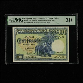1949 51 Congo Belga Banque du Congo Belge 100 francos Pick #17d PMG 30 muy fino