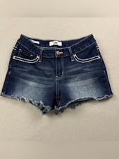 YMI Y2K Distressed Women s Dark Wash Jean Shorts Frayed Hem Sz 3/26