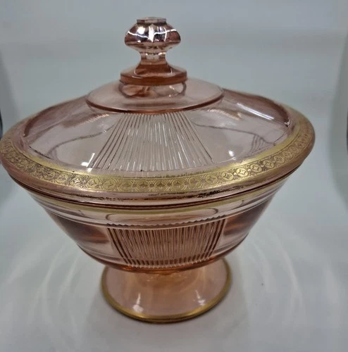 Vintage Pink Depression Glass Pleat And Panel Pedestal Covered Candy Dish