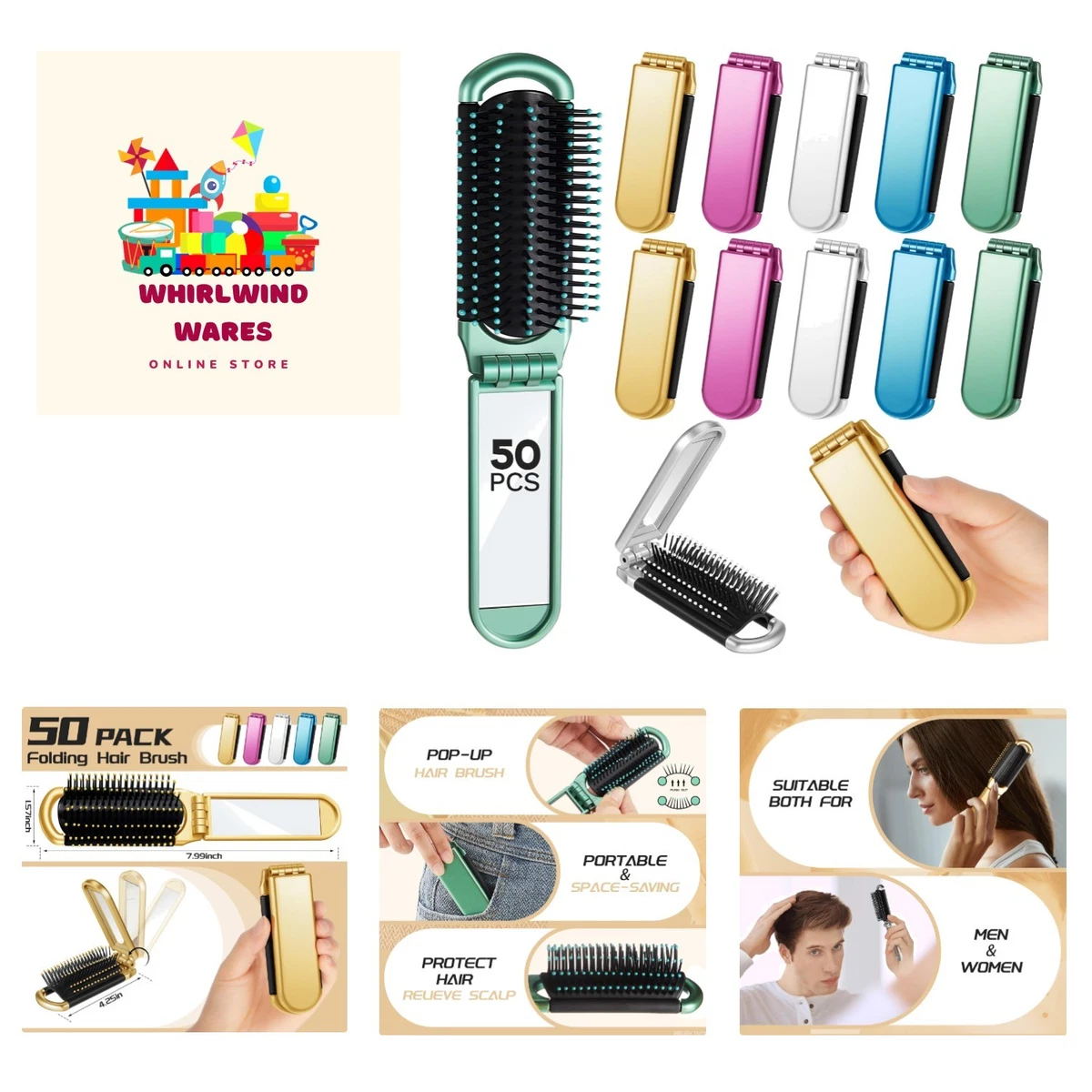 50 Pcs Folding Travel Brush with Mirror Bulk, Small Pocket 