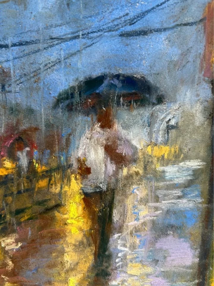 Pintura pastel hecha a mano, arte de pared Monsoon Rain Street 9x12, firmado por artista Foto 4 de 4