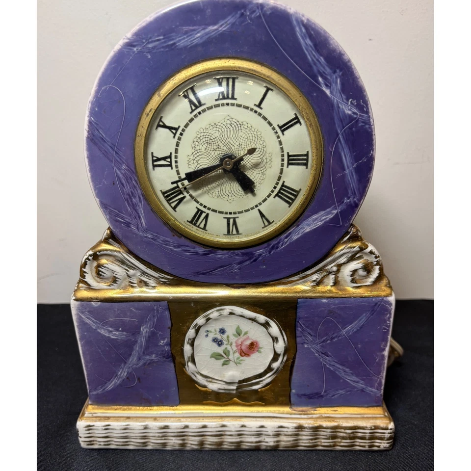Vintage Omsco Porcelain Mantle Clock Floral Accent  Electric Devereaux READ - Image 4 of 4