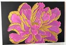 Handmade Textured Floral Painting – 3D Gold & Magenta Petals on Black Canvas