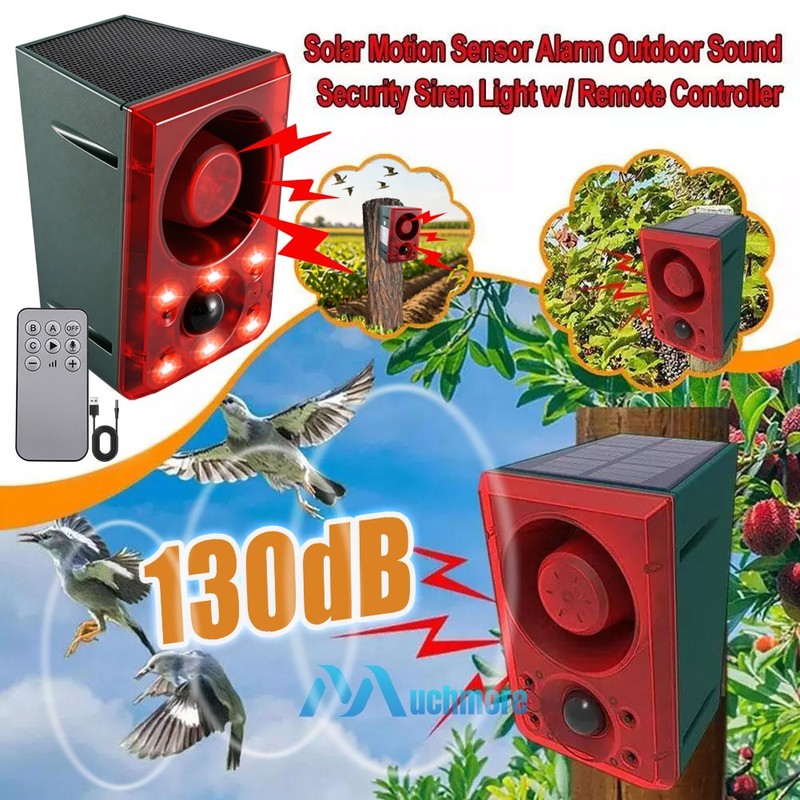 Solar Power Motion Sensor Loud Sound Light Alarm Dog Barking Gunshots Repeller