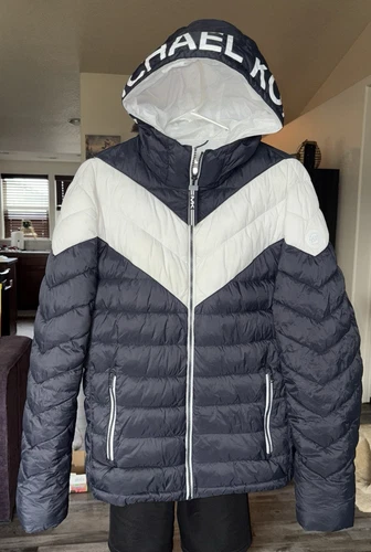 Cappotto giacca viaggio Michael Kors uomo con cappuccio puffer raro nero bianco taglia large