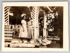 Vtg B&W Snapshot Two Women Fashion Dresses Standing Gazebo Pavilion Park 1940s
