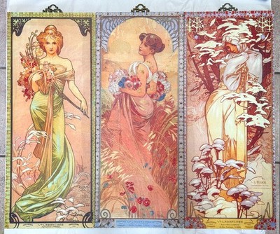 Vintage Alphonse Mucha Season Prints on Canvas,Set of 3 Rare Double-sided Panels