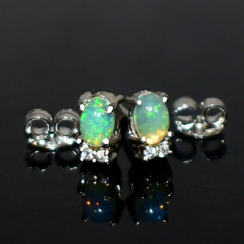 Genuine Fire Opal Oval Cabochon Gemstone 925 Sterling Silver Women Stud Earrings - Picture 3 of 4
