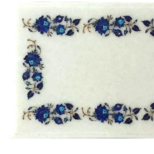 15"x 10" White Marble Center Coffee Table Top Lapis Mosaic Inlay Work Home Decor - Image 3 of 4