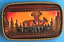 Vintage Made in USA Tooled Leather  Metal Deer Hunting Woods Sunset Belt Buckle