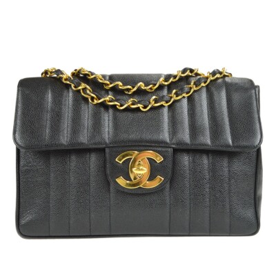 Chanel Black Calfskin Jumbo Vertical Stitch Classic Flap Bag 73576
