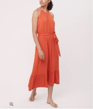 Loft Orange Flounce Halter Sleeveless MIDI Dress Size Medium Tie Waist