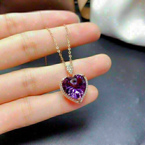 Colgante con halo para mujer 3 quilates corte corazón diamante amatista simulado acabado oro rosa 14K Foto 4 de 4