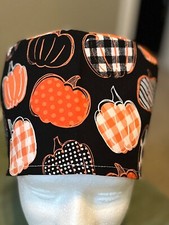 Funky pumpkin reversible Women's Skull/Chemo Surgical Scrub Hat/Cap Handmade
