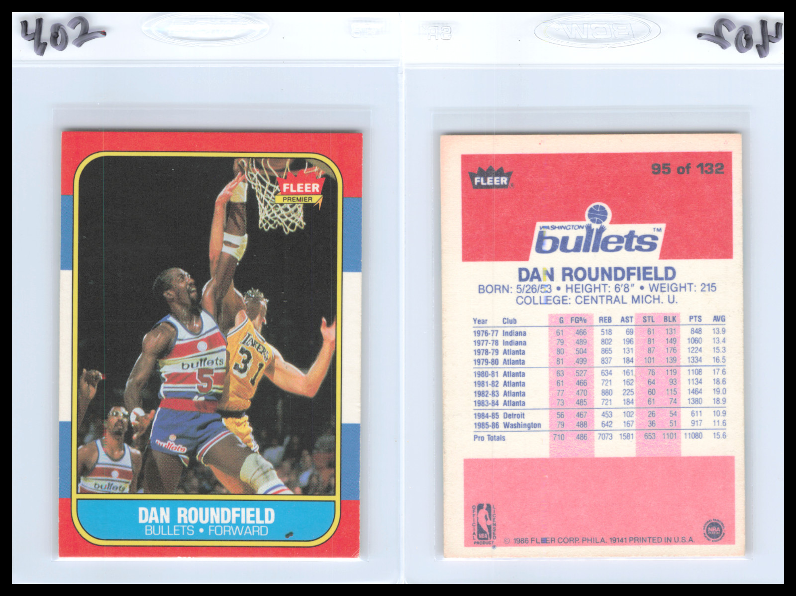 1986 Fleer Basketball Card - #95 Dan Roundfield - Washington Bullets  EX    402