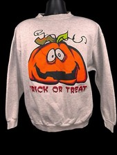 Vintage TSI Trick or Treat Cute Pumpkin Graphic Gray Long Sleeve Sweatshirt XL