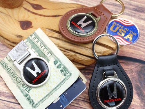 NEW RARE VINTAGE 1970s BLACK HONDA RACING CAR Leather Key Chain Ring Fob NOS - Foto 6 di 7