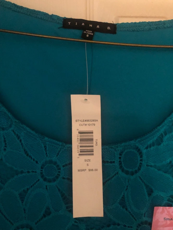 Tiana B Sheath Dress Floral Lace, Short Sleeve, Size Small, Turquoise Coral NEW - Image 3 of 4