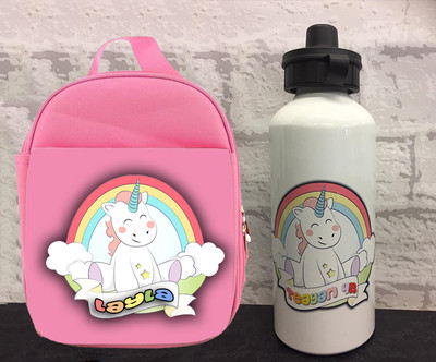 Girls Unicorn lunch bag water sports bottle set personalised