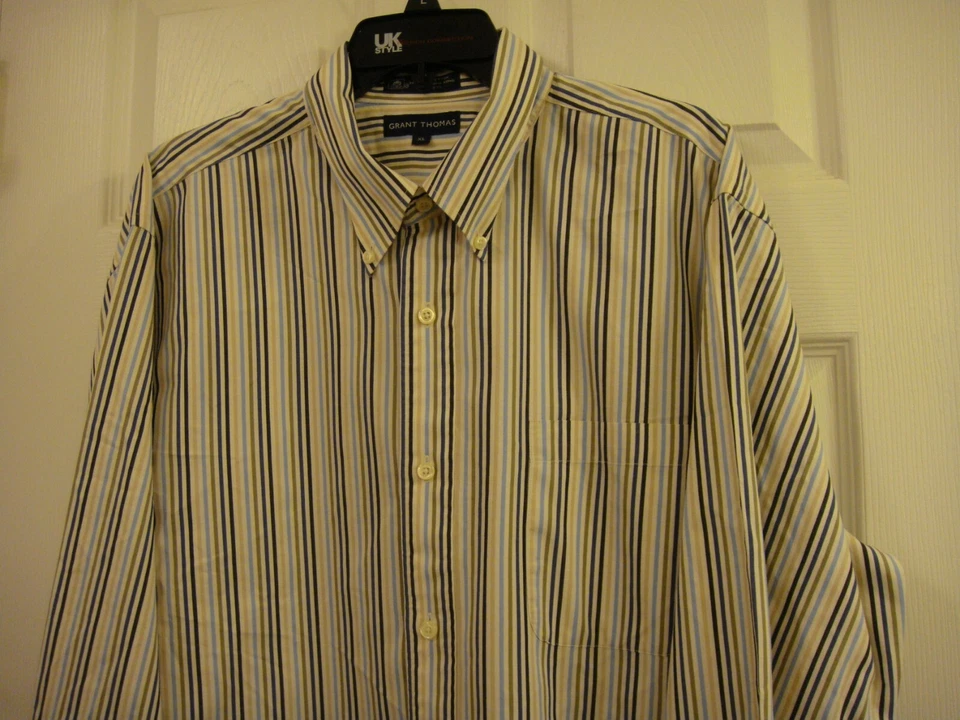 男式 Grant Thomas 蓝色条纹棉纽扣长袖礼服衬衫 XL 码 — 第 4/4 张图片