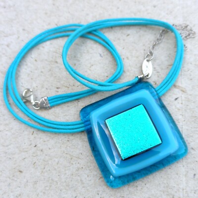 Jan Art Necklace Sterling Silver Fused Glass Ocean Azure Modernist Murano Gift